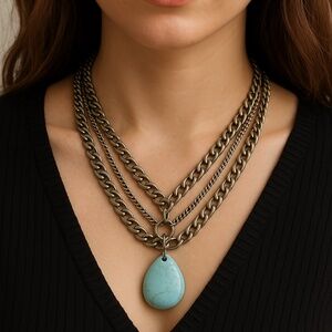 Turquoise Howlite Pendant Necklace 3 strand goldtone chains 17”